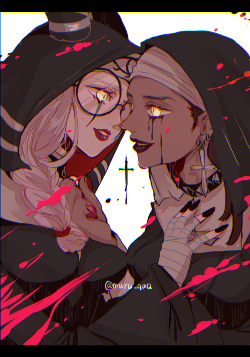 2girls, bandaged_hands, bandages, black_headwear, black_nails, braid, breasts, brown_hair
