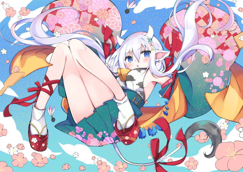 1girl, animal_ears, animal_print, blue_eyes, blush, cow_ears, cow_horns, cow_print