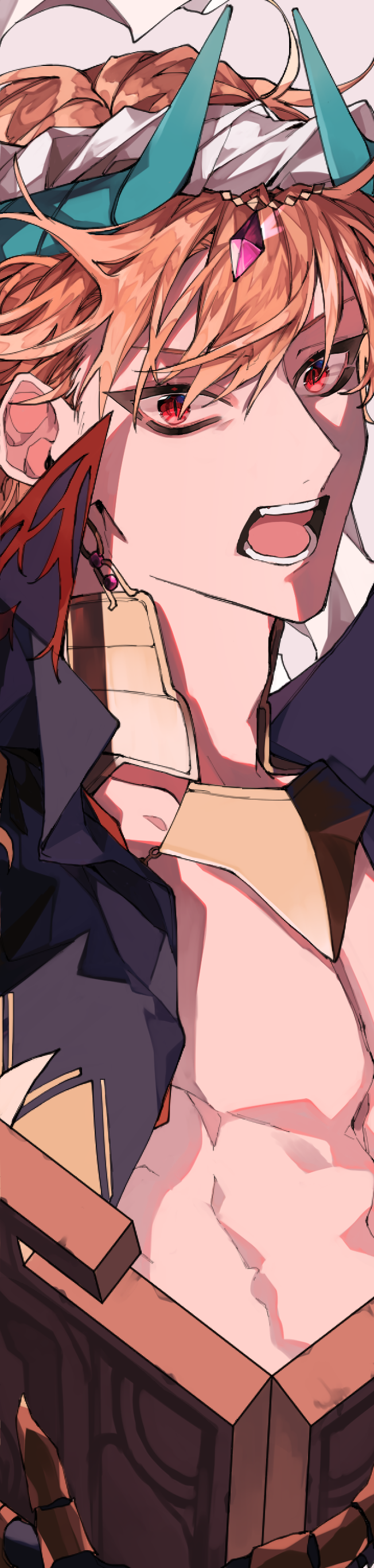 1boy, absurdres, arabian_clothes, bangs, bare_pecs, bishounen, blonde_hair, earrings, fate/grand_order, fate_(series), gilgamesh, gilgamesh_(caster)_(fate), hair_between_eyes, highres, jewelry, long_image, long_sleeves, looking_at_viewer, male_focus, mizuki_(mz), open_mouth, red_eyes, short_hair, smile, solo, tall_image, toned, toned_male, upper_body