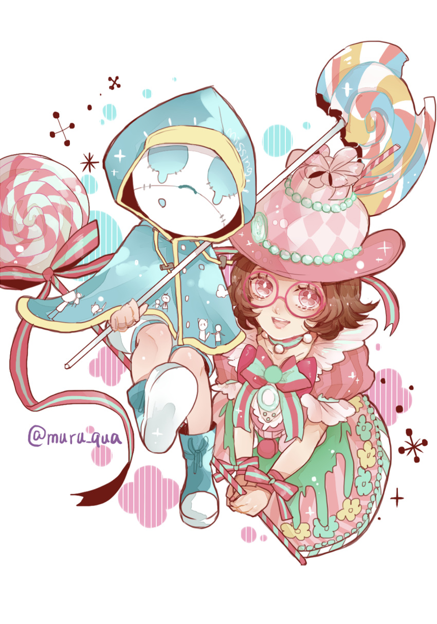 1boy, 1girl, :d, boots, bow, brown_hair, candy, collarbone