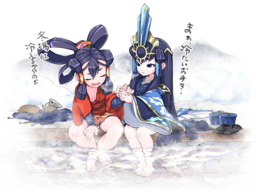 2girls, barefoot, breasts, closed_eyes, feet, full_body, holding_hands, japanese_clothes