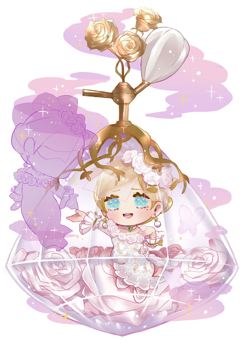 1girl, absurdres, blonde_hair, bottle, bug, butterfly, chibi, choker, dress, earrings, emuru_(mushroom379), flower, gloves, hair_ornament, highres, identity_v, insect, jewelry, off-shoulder_dress, off_shoulder, official_alternate_costume, open_mouth, perfume_bottle, rose, simple_background, sitting, smile, solo, sparkle, tonight_or_never_(identity_v), uppercut, veil, vera_nair, white_background, white_dress, white_flower, white_rose