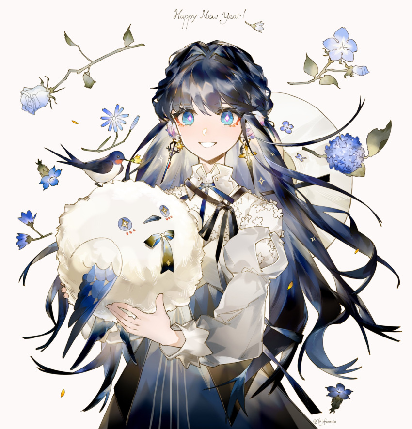 arknights, astesia_(arknights), bird, bird_wings, black_hair, blue_eyes, dress, earrings