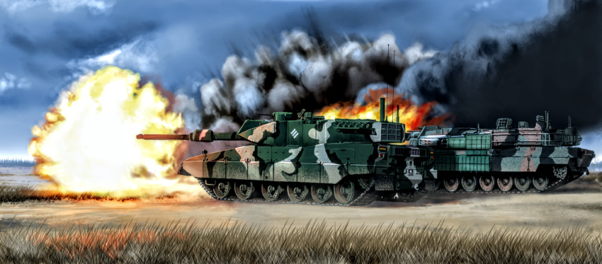 caterpillar_tracks, clouds, commentary_request, day, explosion, forest, grass, ground_vehicle