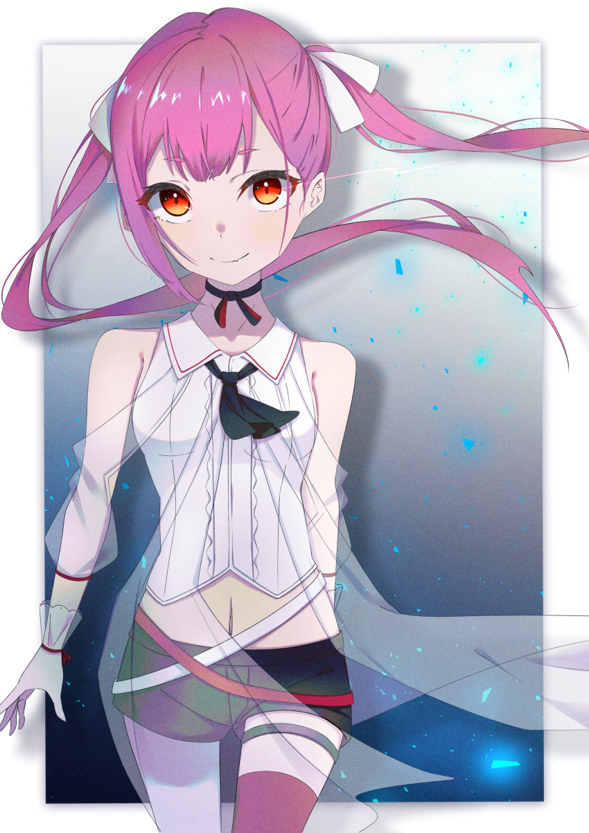 1girl, absurdres, bangs, black_neckwear, black_shorts, border, bow, bowtie