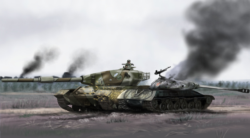 1boy, caterpillar_tracks, clouds, commission, conqueror_(tank), day, grass, ground_vehicle