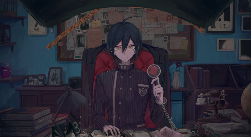 1boy, ahoge, bangs, baseball_cap, black_hair, board, book, bookshelf