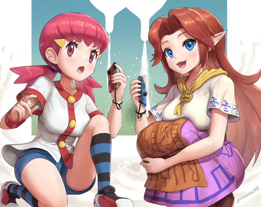 1-2-switch, 2girls, :3, ascot, blue_eyes, brown_eyes, brown_hair, company_connection, cremia, dress, gonzarez, gym_leader, highres, joy-con, looking_at_viewer, milk, multiple_girls, nintendo, open_mouth, pink_hair, pointy_ears, pokemon, pokemon_(game), pokemon_gsc, shoes, short_shorts, shorts, sneakers, squatting, striped, striped_legwear, the_legend_of_zelda, the_legend_of_zelda:_majora's_mask, twintails, udder, whitney_(pokemon)