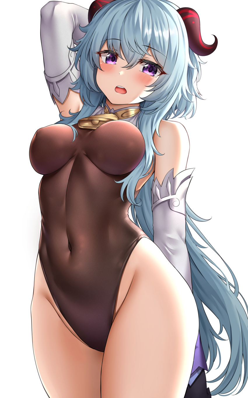1girl, :o, absurdres, arm_behind_head, arm_up, bare_shoulders, bell, black_gloves