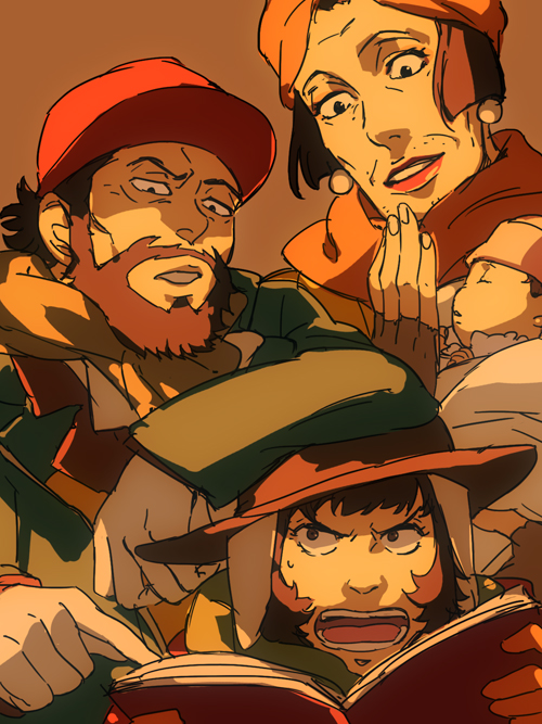 1boy, 3girls, arm_rest, baby, beard, black_eyes, book, brown_background