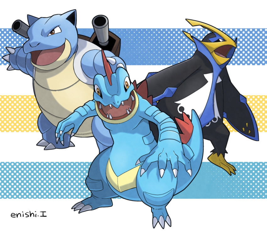 blastoise, commentary_request, creature, empoleon, enishi_(menkura-rin10), feraligatr, gen_1_pokemon, gen_2_pokemon, gen_4_pokemon, highres, looking_at_viewer, no_humans, pokemon, pokemon_(creature), signature, striped, striped_background