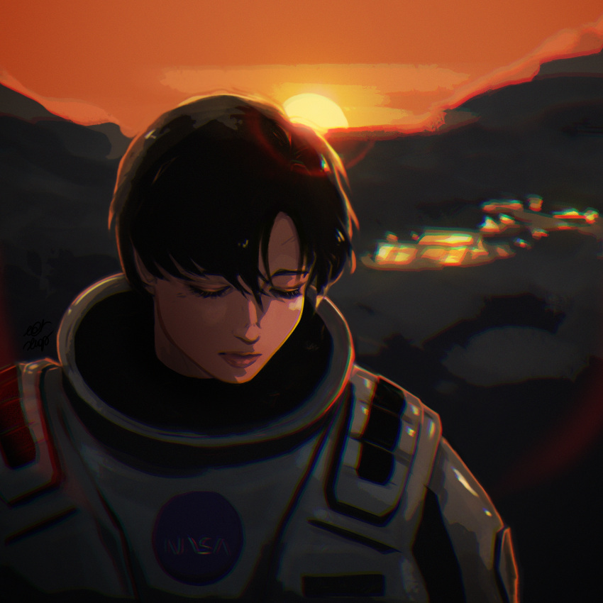 1girl, bangs, black_hair, blurry, blurry_background, closed_eyes, dr._amelia_brand, eatslugs