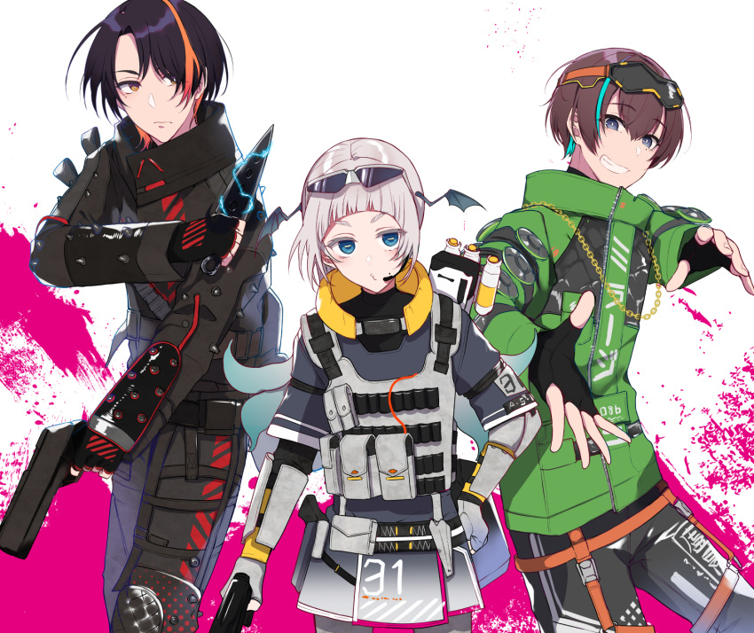 1girl, 2boys, apex_legends, aqua_eyes, ashieda_lenri, black_gloves, black_hair, blue_hair