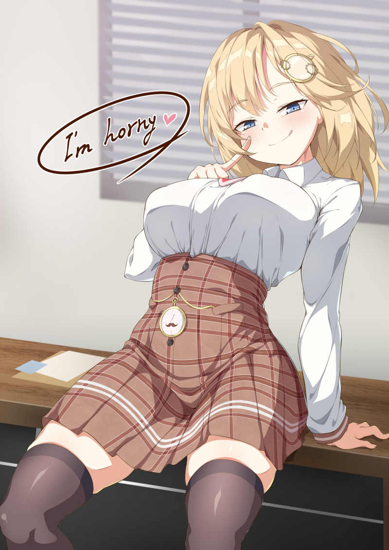 1girl, bangs, black_legwear, blonde_hair, blue_eyes, blush, breasts, collared_shirt