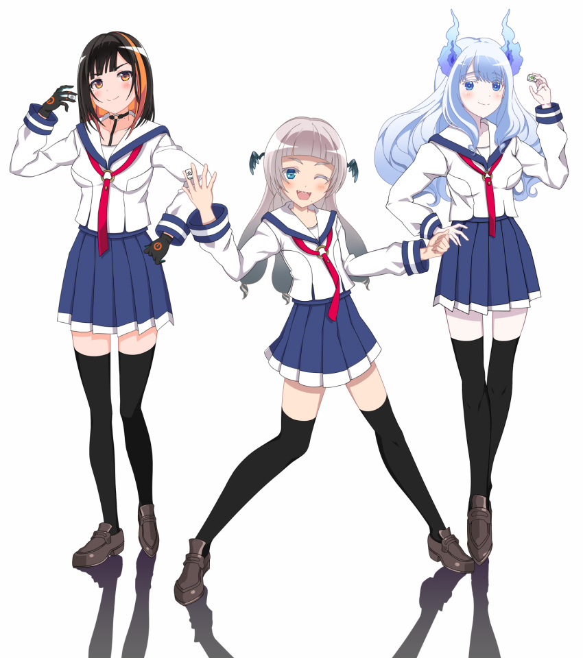 3girls, alternate_costume, ashieda_lenri, black_gloves, black_hair, blue_eyes, blue_hair, blue_skirt