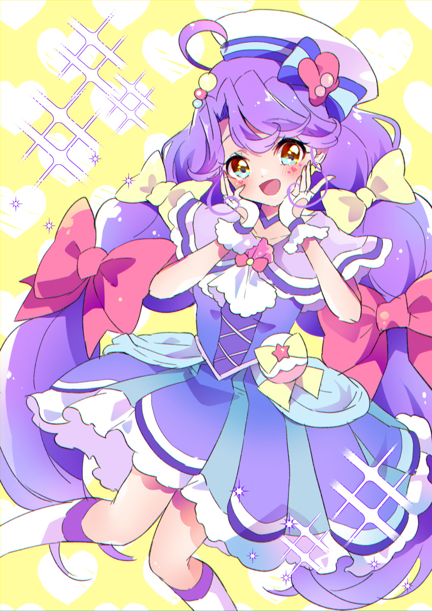 ahoge, bangs, big_hair, blush, bow, commentary_request, cure_coral, dress