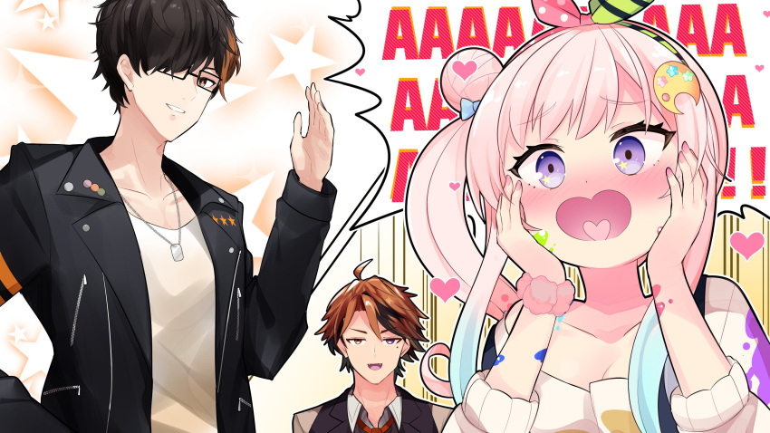 1girl, 2boys, absurdres, aho, airani_iofifteen, black_hair, blue_hair, blush