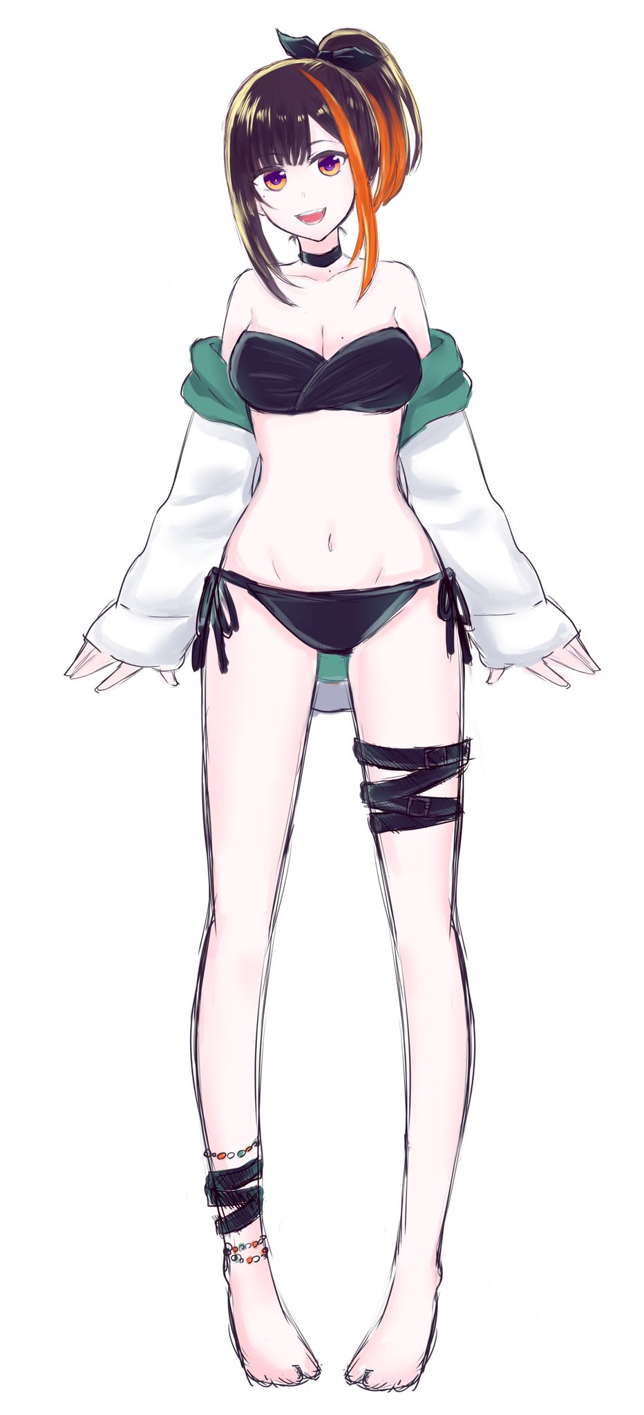 1girl, alternate_costume, ankle_strap, ashieda_lenri, bangs, barefoot, bikini, black_bikini