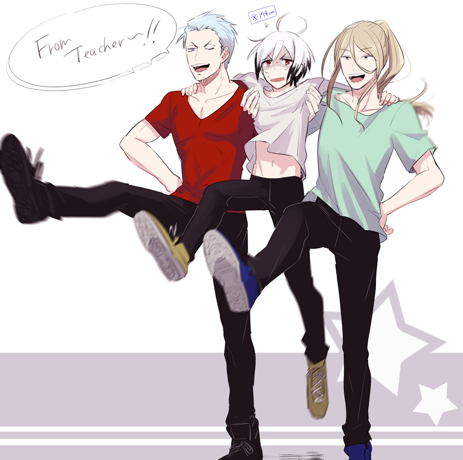 3boys, arm_around_shoulder, black_hair, boots, brown_hair, dancing, full_body, hair_slicked_back, height_difference, himo_(himazin), idolmaster, idolmaster_side-m, kicking, kitamura_sora, koron_chris, kuzunoha_amehiko, legenders_(idolmaster), long_hair, long_sleeves, lyrics, male_focus, midriff_peek, multicolored_hair, multiple_boys, navel, shirt, simple_background, smile, stomach, t-shirt, white_hair