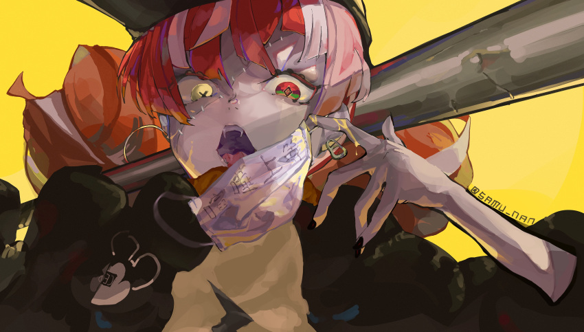 absurdres, alternate_costume, bangs, baseball_bat, black_nails, colored_skin, earrings, grey_hair