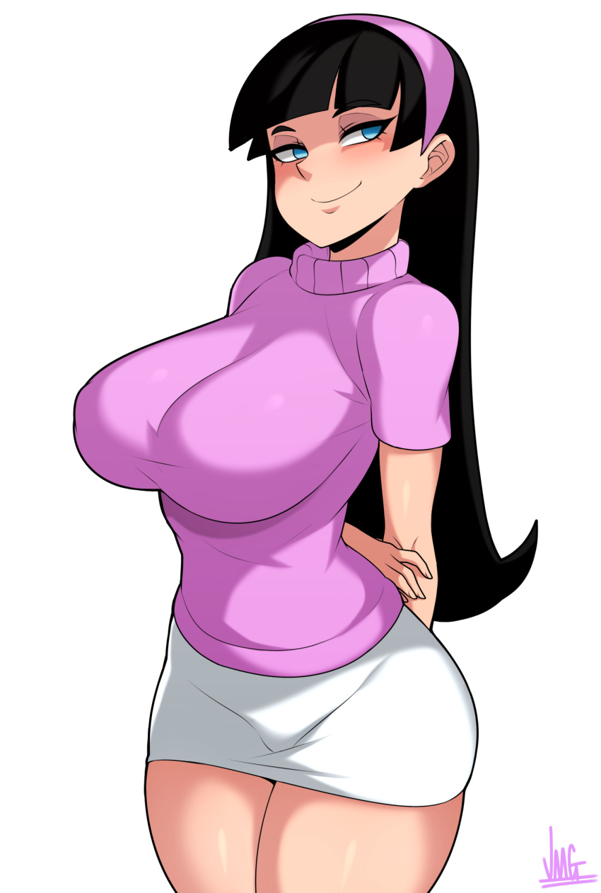 1girl, arms_behind_back, artist_name, black_hair, blue_eyes, breasts, commentary, highres