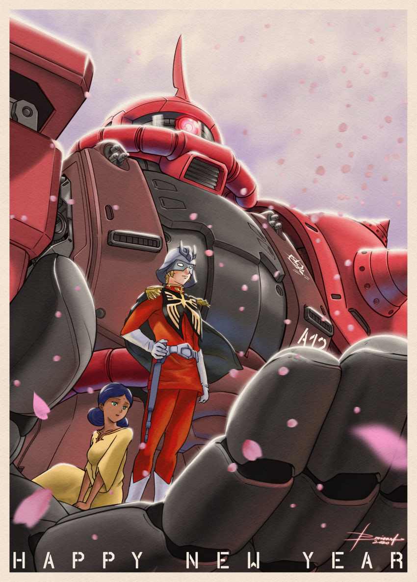 1boy, 1girl, absurdres, blonde_hair, boris_(borisasf), capelet, char_aznable, dark_skin, dark-skinned_female, double_bun, glowing, glowing_eye, green_eyes, gundam, hand_on_hip, happy_new_year, highres, holding_person, lalah_sune, looking_down, looking_up, mask, mecha, mobile_suit_gundam, new_year, one-eyed, procreate_(medium), red_eyes, science_fiction, uniform, v-fin, zaku_ii_s_char_custom, zeon