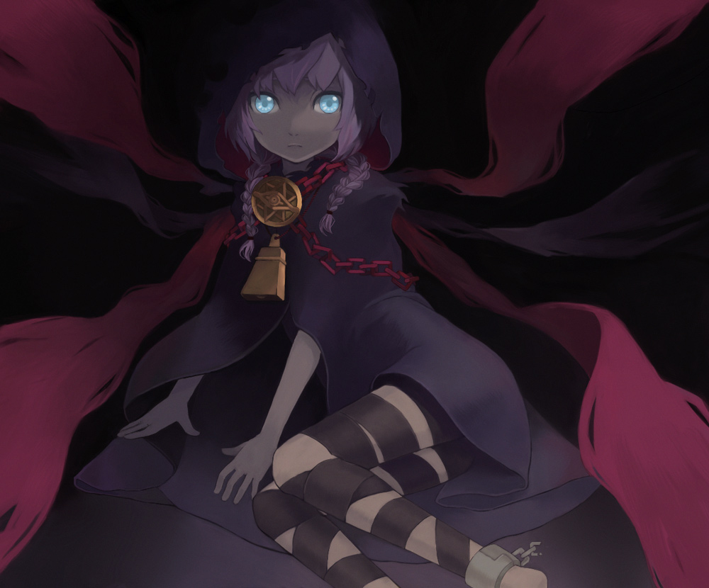 blue_eyes, bound_legs, braid, cloak, cow_bell, cuffs, curse_maker, glowing