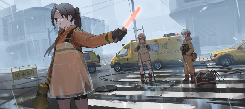 3girls, absurdres, bike_shorts, black_hair, car, commentary, doitsu_no_kagaku, generator