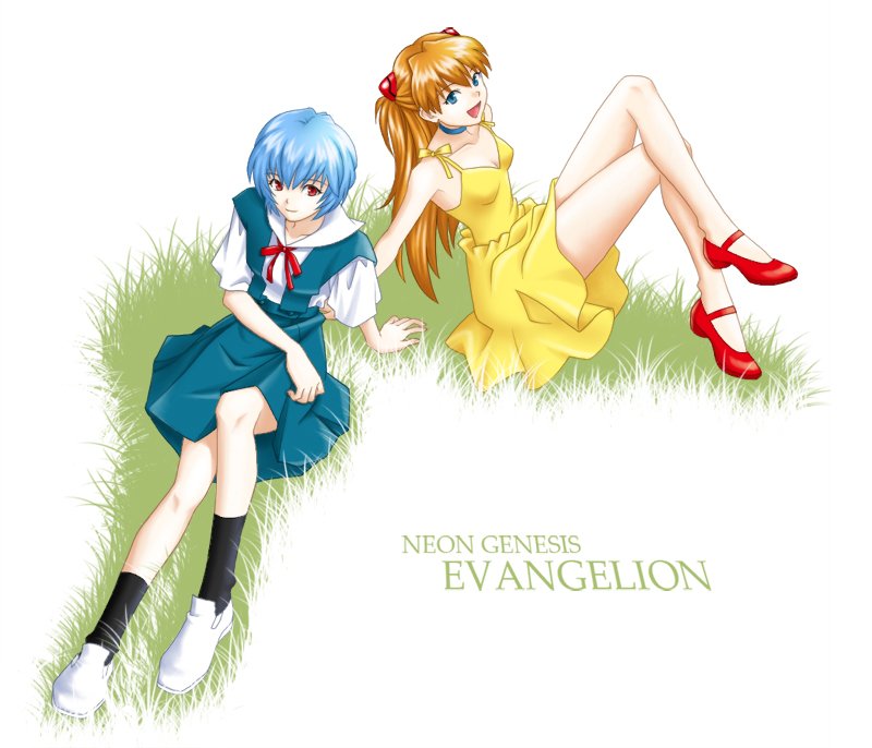 asami_(pixiv866), asami_(undoundo), ayanami_rei, blue_eyes, blue_hair, dress, long_hair, multiple_girls, neon_genesis_evangelion, orange_hair, red_eyes, redhead, school_uniform, short_hair, souryuu_asuka_langley, title_drop, yellow_dress