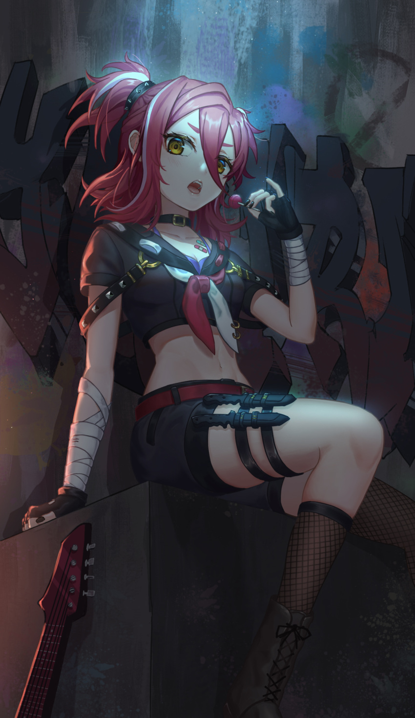 1girl, bandaged_arm, bandages, black_collar, black_footwear, black_gloves, black_shorts, boots, breasts, brown_eyes, candy, collar, collarbone, fingerless_gloves, fishnet_legwear, fishnets, food, gloves, guitar, hair_between_eyes, highres, holding, holding_food, hololive, hololive_china, instrument, knife, lollipop, looking_down, medium_breasts, medium_hair, midriff, navel, ryan_ssr, sailor_collar, short_shorts, shorts, solo, thigh_strap, virtual_youtuber, yogiri_(hololive)