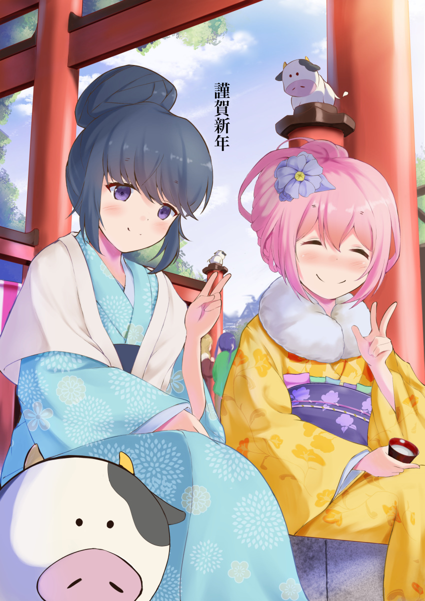 2girls, absurdres, amazake_(drink), blue_hair, blush, chinese_zodiac, closed_eyes, cow