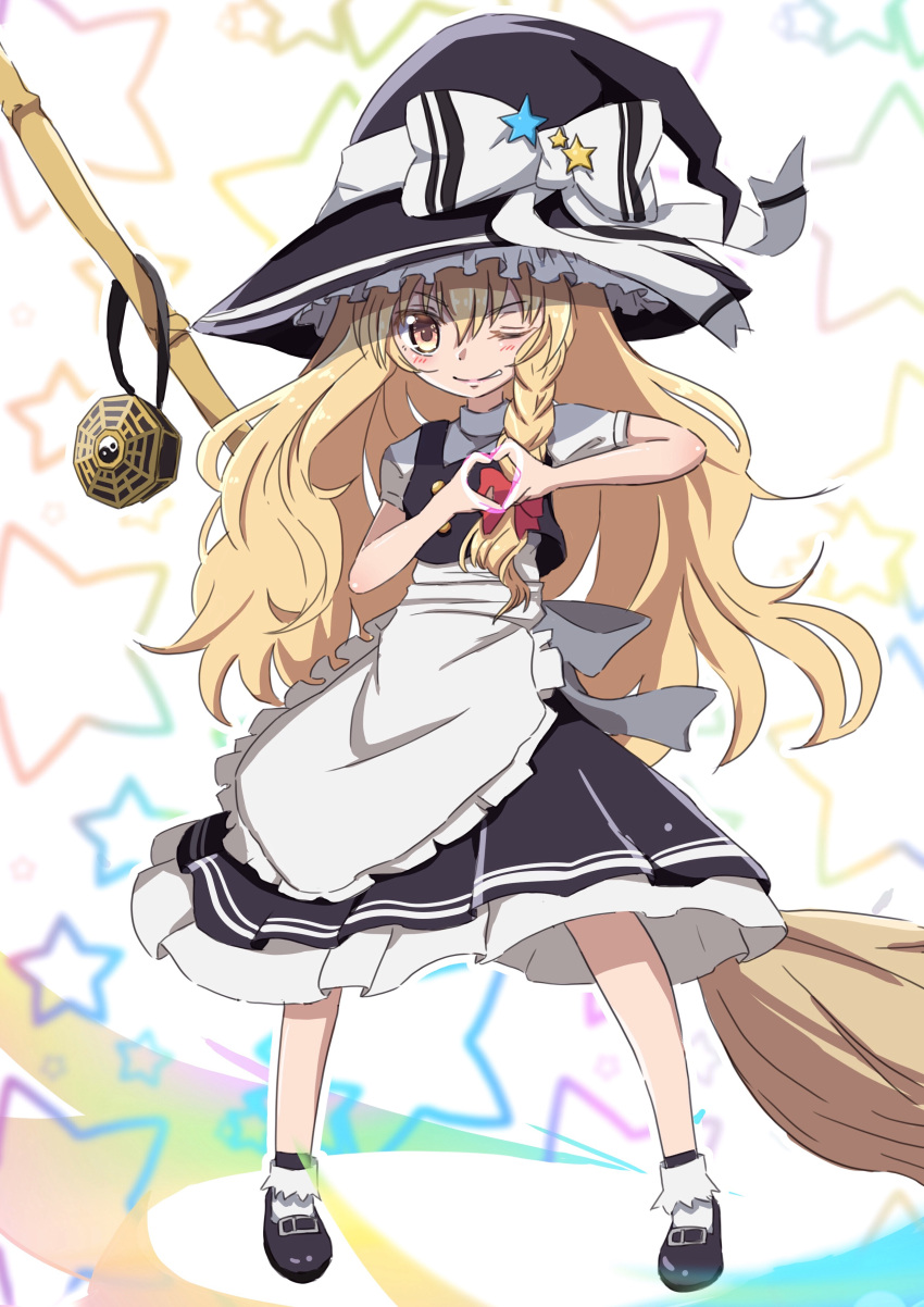 1girl, absurdres, apron, black_footwear, blonde_hair, bow, braid, broom
