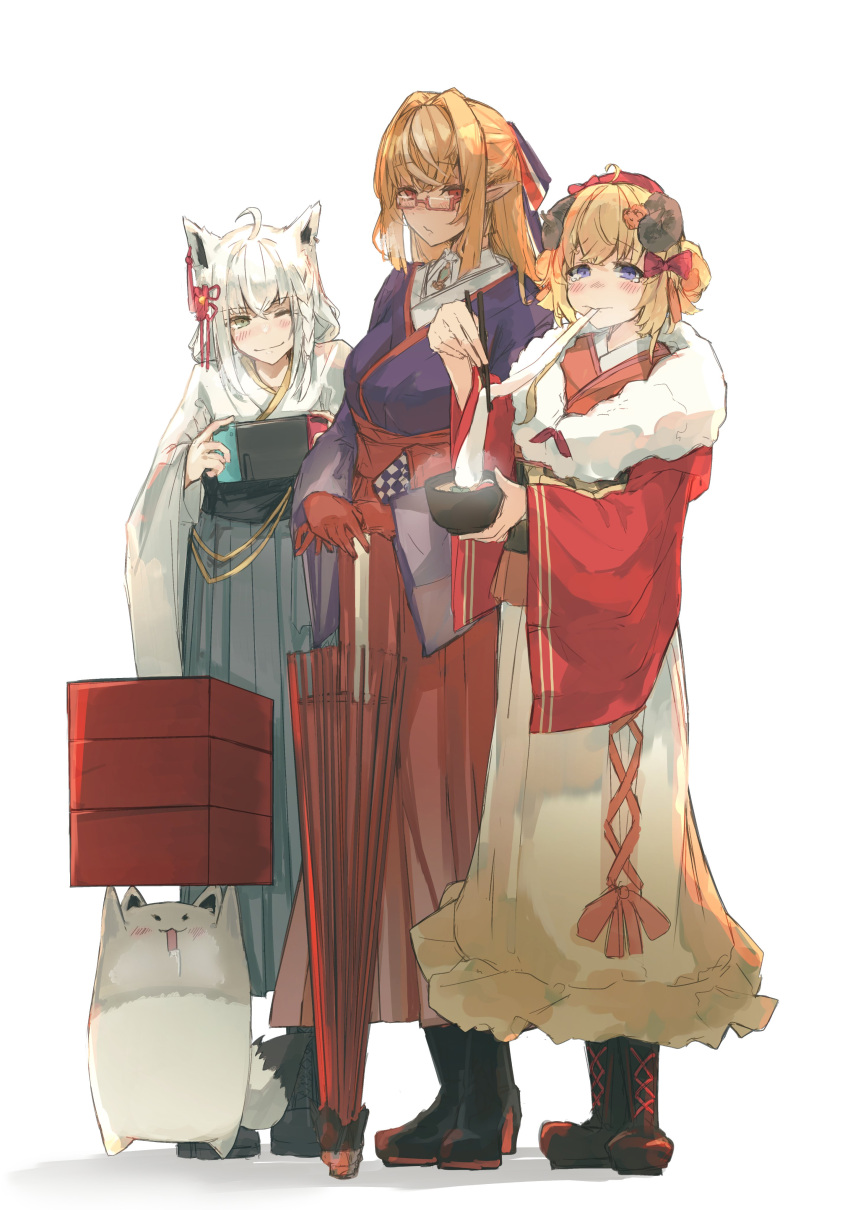 absurdres, ahoge, alternate_costume, animal_ears, beret, black_footwear, blonde_hair, blue_hakama