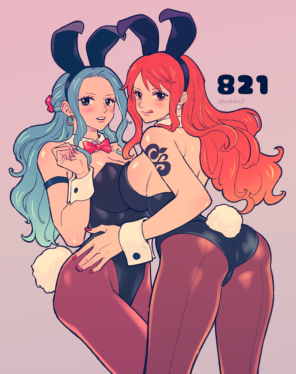 2girls, animal_ears, arm_strap, ass, bangs, blue_eyes, blue_hair, blush, bow, bowtie, breasts, bunny_ear_hairband, bunny_tail, bunnysuit, collar, cropped_legs, detached_collar, earrings, eyelashes, eyes_visible_through_hair, fake_animal_ears, fake_tail, feet_out_of_frame, female, fingernails, hairband, highres, hoop_earrings, jewelry, large_breasts, leotard, licking_lips, long_hair, multiple_girls, nail_polish, nami_(one_piece), nefertari_vivi, one_piece, open_mouth, orange_eyes, orange_hair, pantyhose, pink_nails, playboy_bunny, rabbit_ears, red_nails, sideboob, tail, tattoo, tongue, tongue_out, twitter_username, wavy_hair, wrist_cuffs, youkan_(tako)