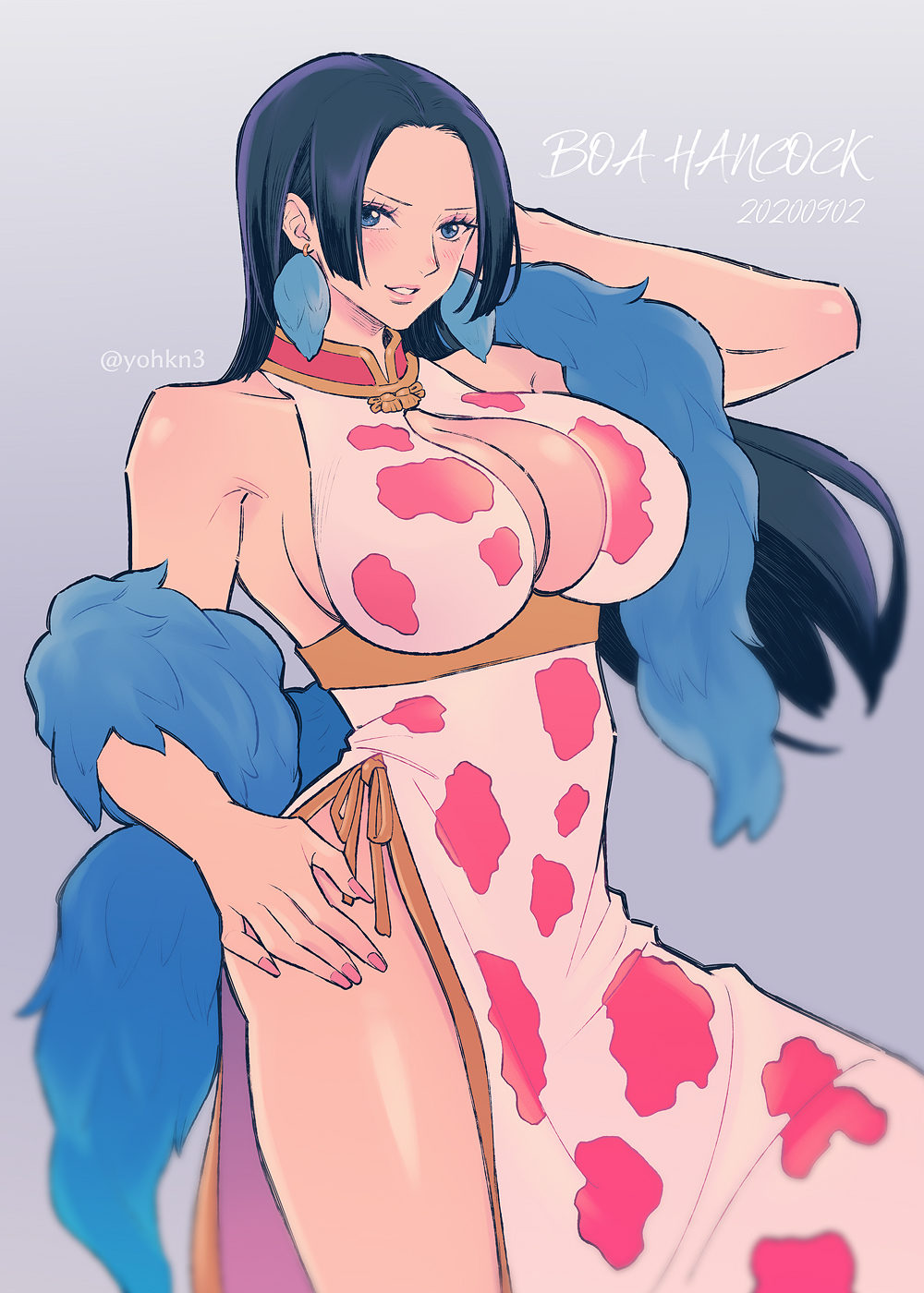 1girl, armpit_peek, black_hair, blue_eyes, blue_scarf, blush, boa_hancock, breasts, character_name, dress, earrings, highres, jewelry, large_breasts, long_hair, looking_at_viewer, one_piece, open_mouth, pink_nails, scarf, sideboob, solo, thighs, twitter_username, under_boob, youkan_(tako)