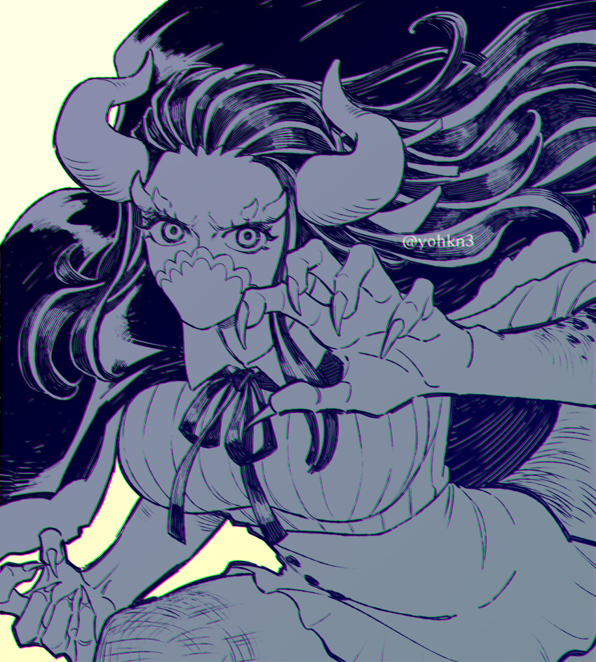 1girl, black_hair, breasts, buttons, claws, curled_horns, dress, highres