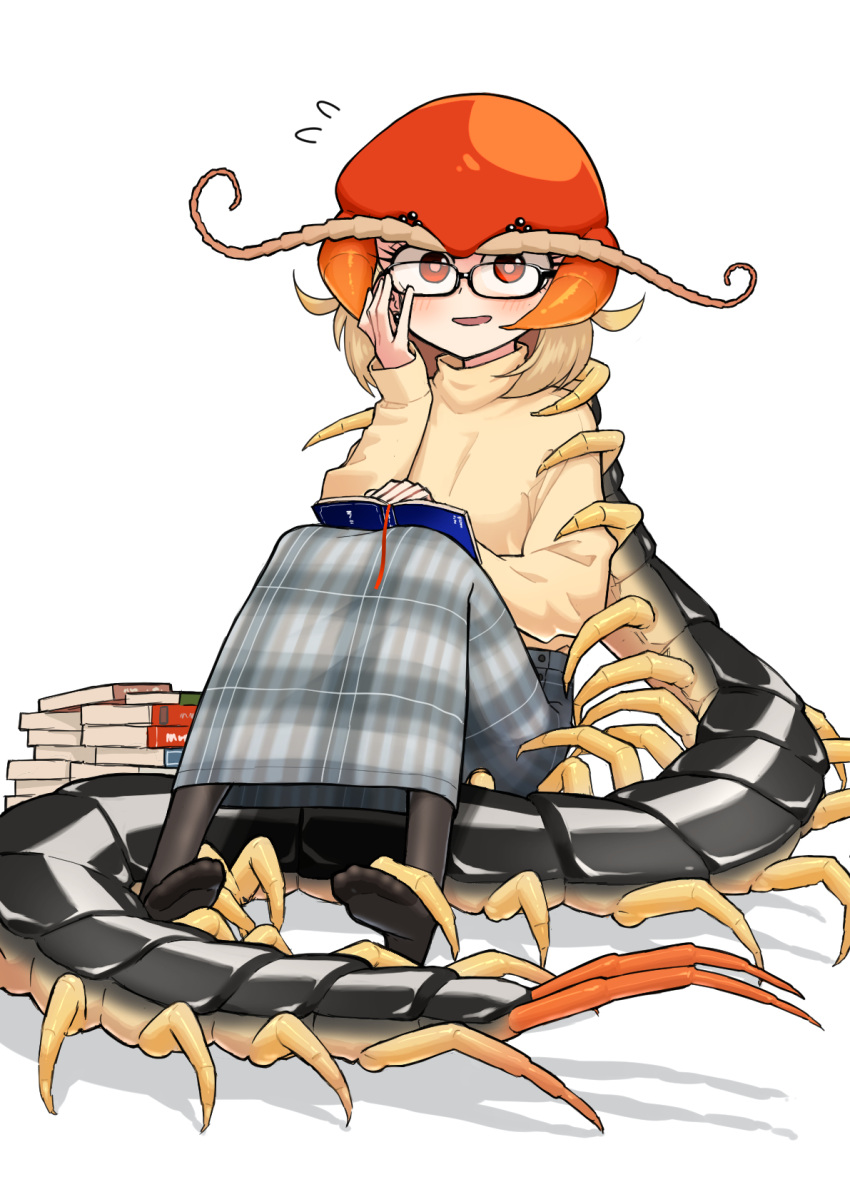1girl, black_legwear, book, bug, centipede, centipede_girl, evolvingmonkey, glasses