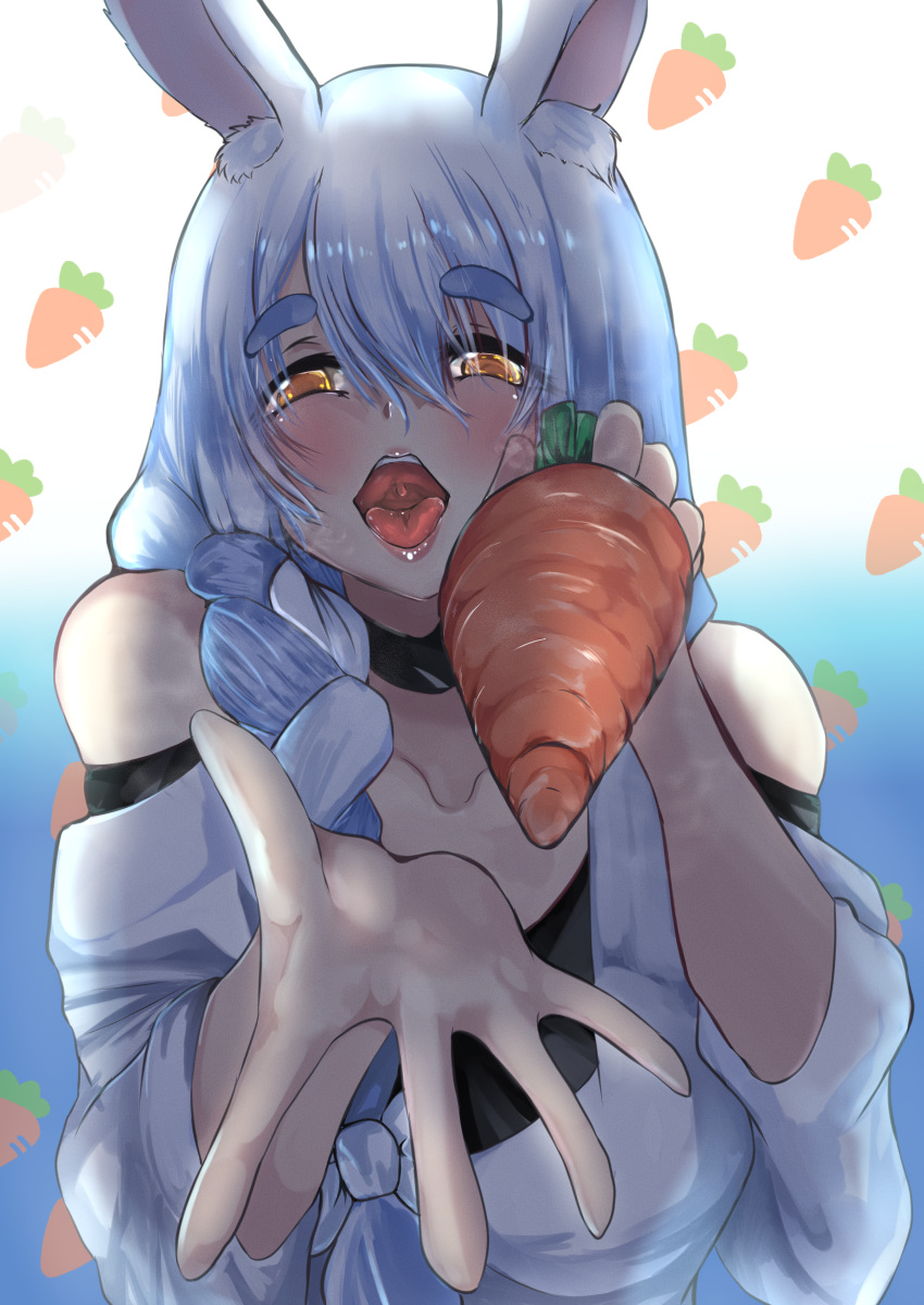 1girl, absurdres, animal_ear_fluff, animal_ears, blue_hair, braid, carrot, eyebrows_visible_through_hair