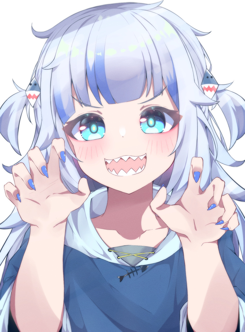 1girl, amadeus_(amadeus0903), aqua_eyes, bangs, blue_eyes, blue_hair, blue_hoodie, blue_nails