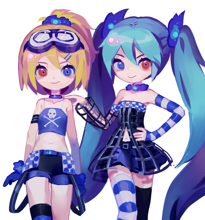 2girls, aqua_hair, bare_shoulders, belt, black_dress, black_legwear, blonde_hair, blue_eyes