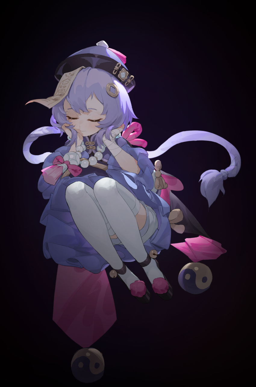 1girl, absurdres, bandaged_hand, bandages, bead_necklace, beads, black_background, black_footwear