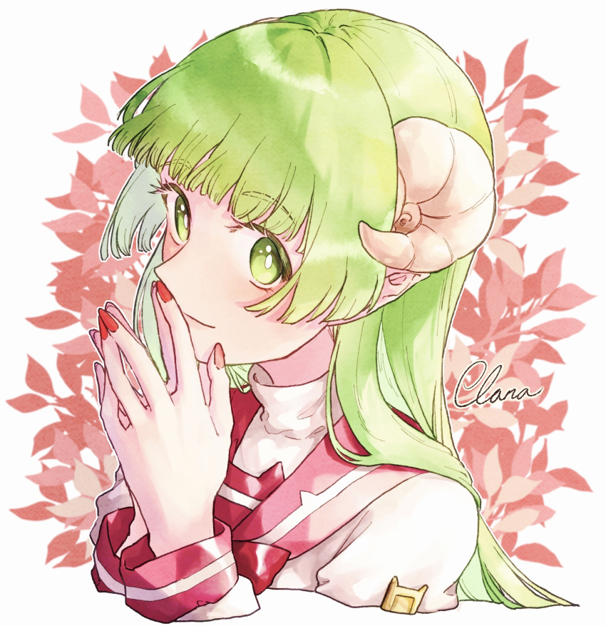 1girl, badge, closed_mouth, curled_horns, eyebrows_visible_through_hair, green_eyes, green_hair, hands_together