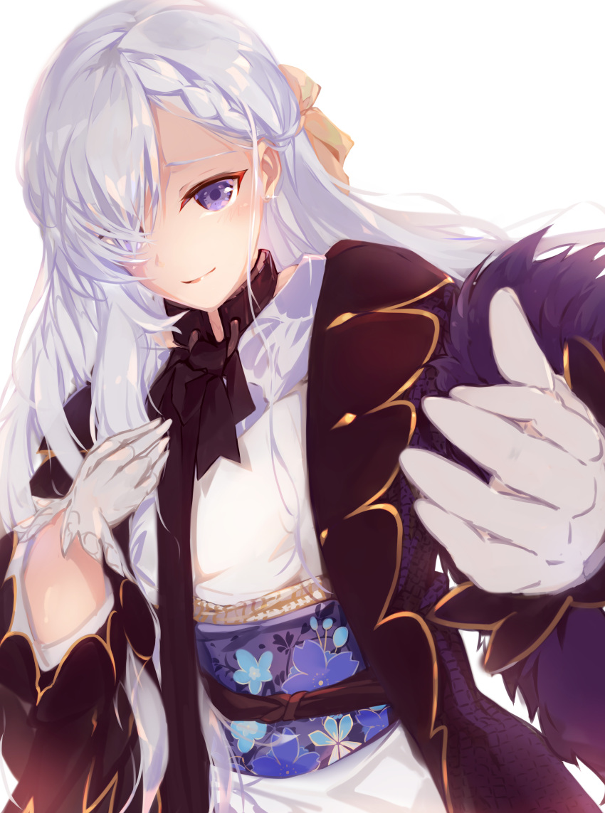1girl, absurdres, azur_lane, belfast_(azur_lane), belfast_(gorgeous_fans)_(azur_lane), feather_boa, floral_print, gloves