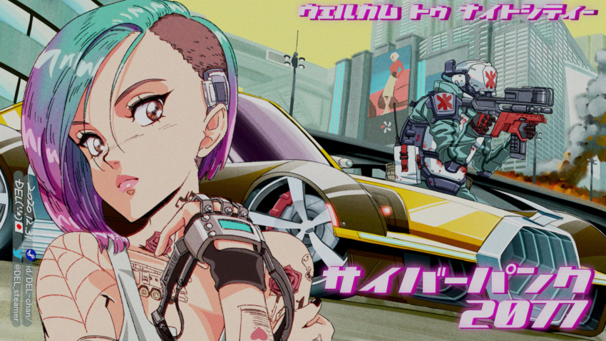 1girl, 1other, aqua_hair, black_gloves, brown_eyes, building, car, cyberpunk
