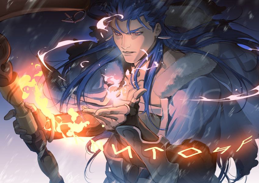 1boy, blue_hair, bracelet, capelet, casting_spell, cu_chulainn_(fate)_(all), cu_chulainn_(fate/grand_order), earrings, fate/grand_order, fate_(series), fire, floating_hair, fur-trimmed_hood, fur_trim, gochary1212, highres, holding, holding_staff, hood, hood_down, hooded_capelet, jewelry, long_hair, male_focus, red_eyes, runes, slit_pupils, solo, spiky_hair, staff, type-moon, vambraces, wooden_staff