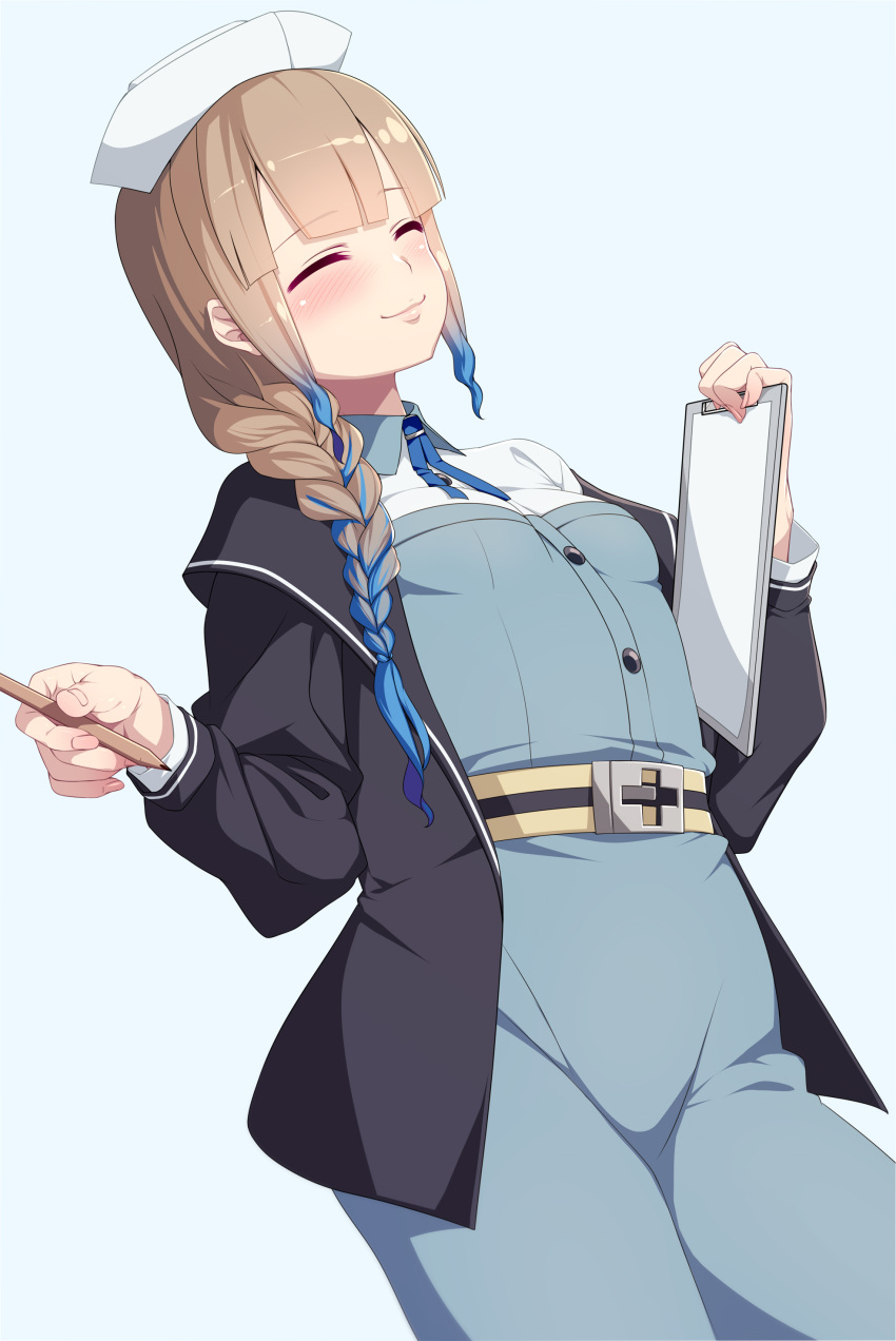 1girl, 846-gou, absurdres, bangs, belt, black_jacket, blue_dress, blue_hair