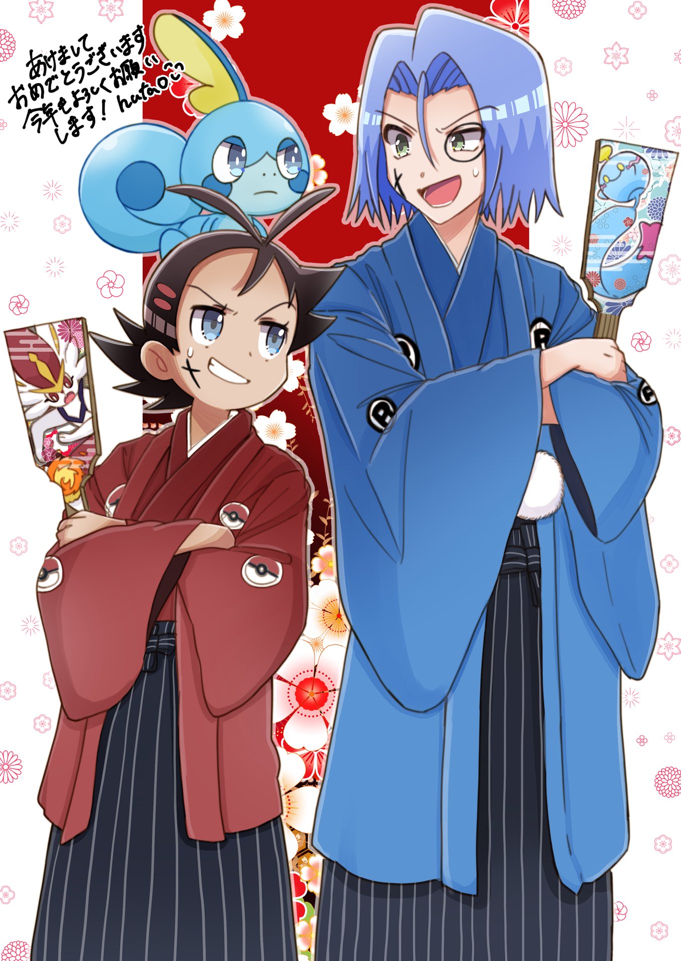 2boys, antenna_hair, black_hair, blue_eyes, blue_hair, chimecho, crossed_arms, eye_contact, face_painting, facial_mark, gen_3_pokemon, gen_8_pokemon, goh_(pokemon), green_eyes, hakama, highres, hutao_poke, james_(pokemon), japanese_clothes, kimono, looking_at_another, multiple_boys, pokemon, pokemon_(anime), print_kimono, raboot, sobble, wide_sleeves