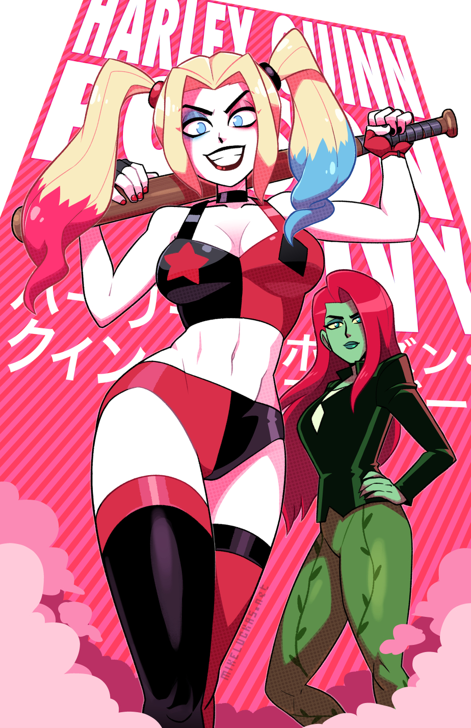 2girls, aqua_hair, baseball_bat, batman_(series), blonde_hair, blue_eyes, breasts, character_name