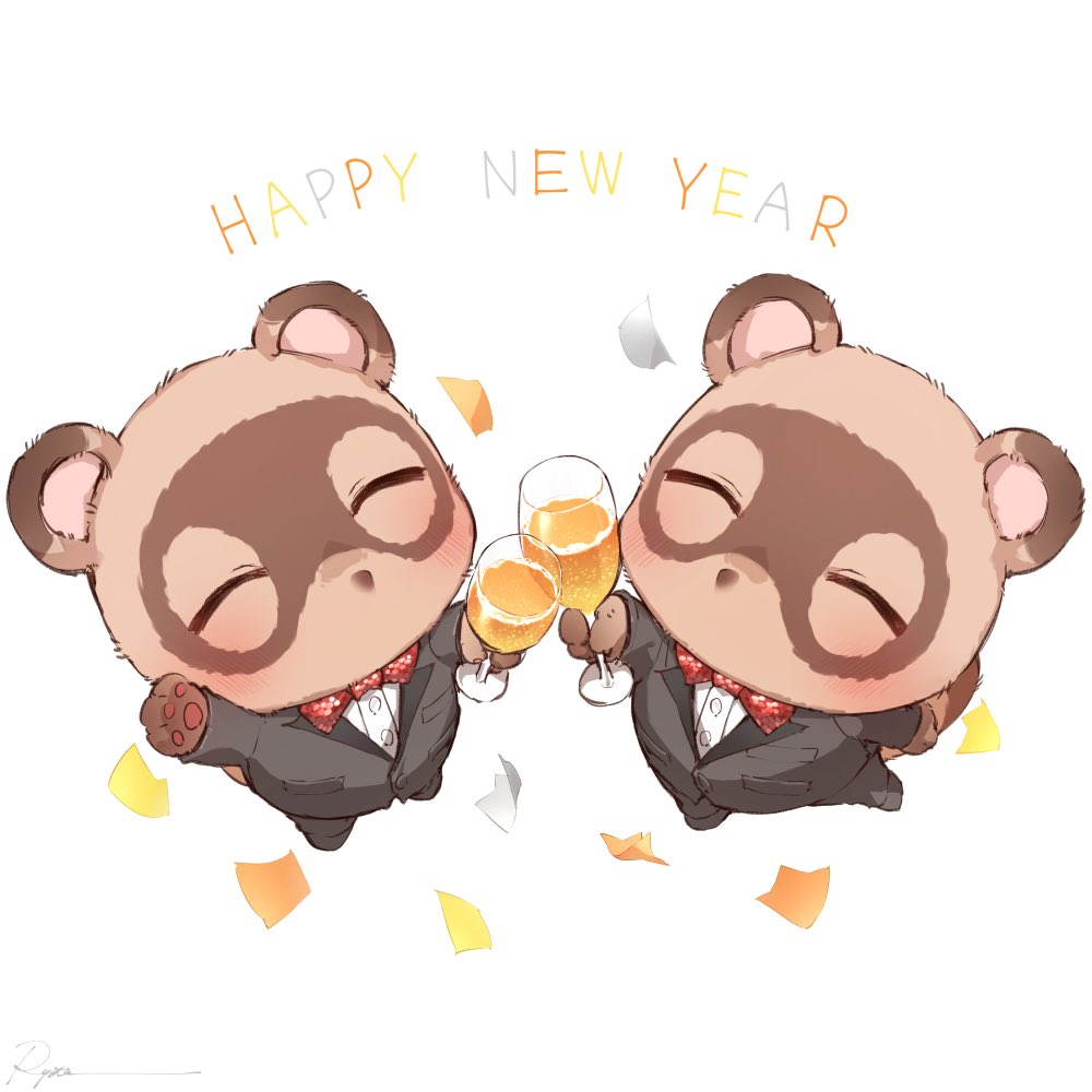 2boys, alcohol, alternate_costume, animal_crossing, animal_ears, black_jacket, black_pants, bow