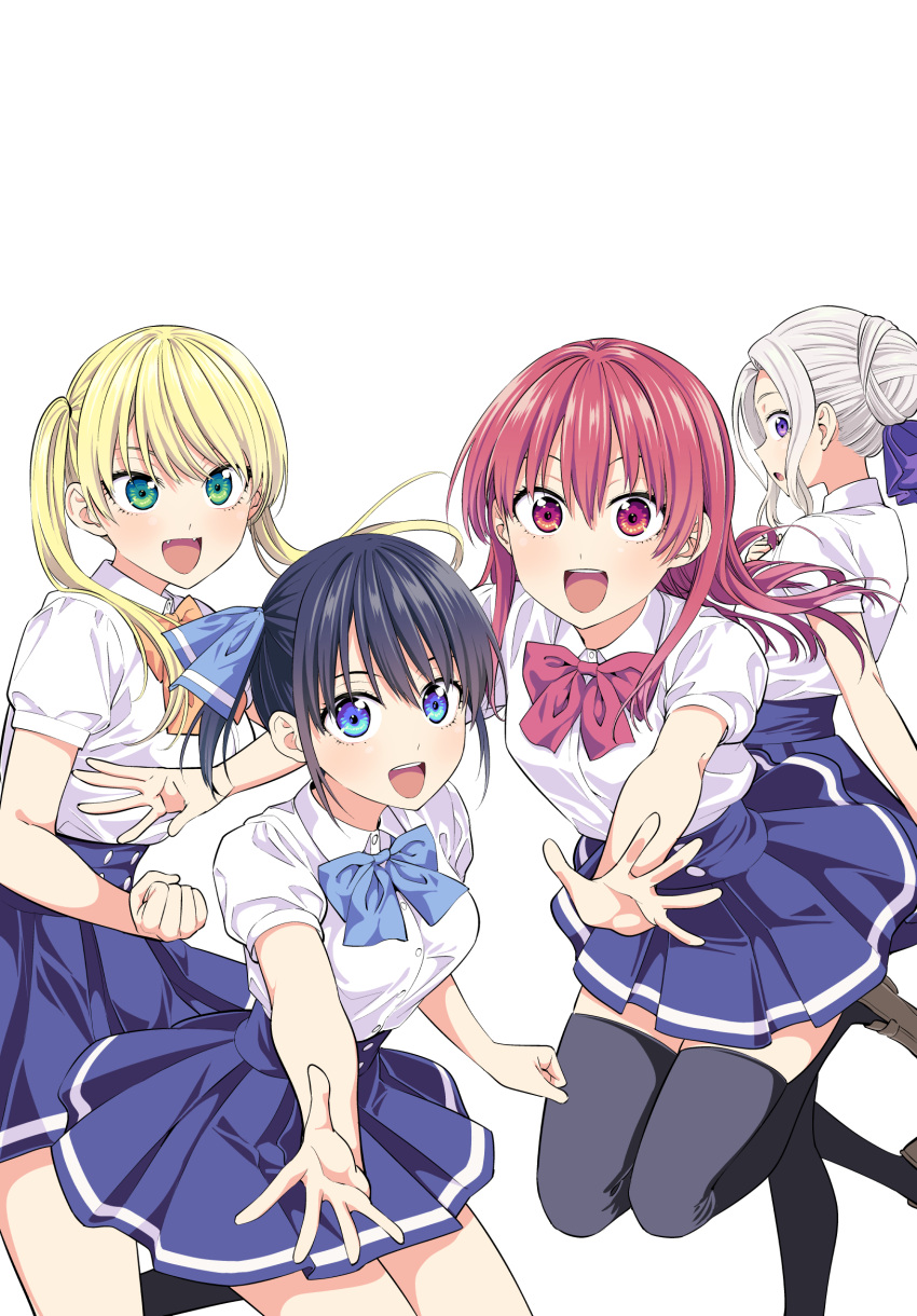 4girls, :d, :o, bangs, black_hair, black_legwear, blonde_hair, blue_bow